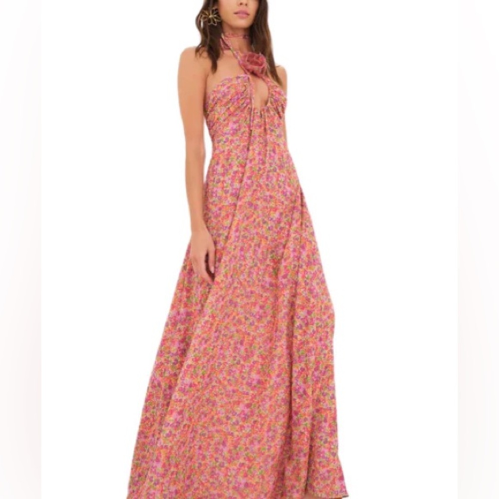 For Love & Lemons Pink Floral Halter-Style Maxi Dress